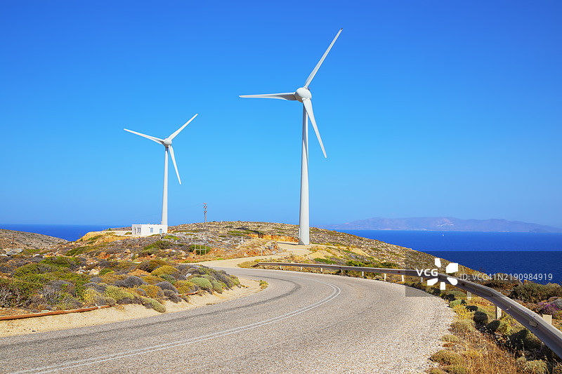 风力涡轮机，西夫诺斯岛，基克拉泽斯群岛，希腊群岛，希腊，欧洲图片素材