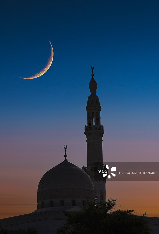 迪拜。夜晚的朱美拉清真寺。图片素材