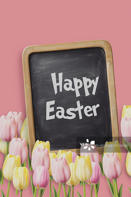 快乐复活节黑板与郁金香。贺卡。框架。粉色背景图片素材