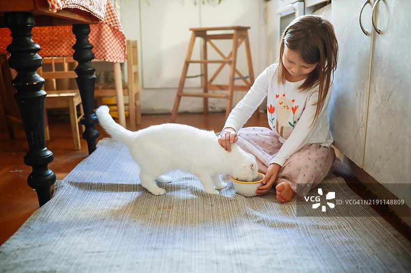 小女孩在复古风格的家中厨房地板上喂一只白猫，捕捉到责任与爱心的温馨时刻。图片素材