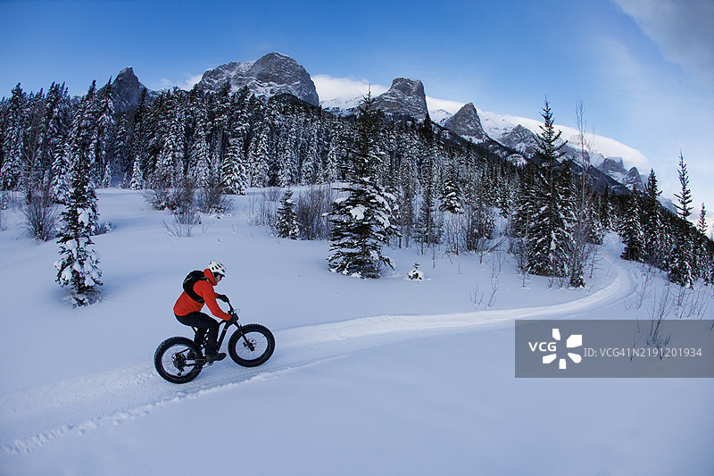 在坎莫尔北欧中心省立公园的冬季胖轮自行车骑行图片素材