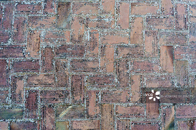 风化的陶土人字形砖小径，展现苔藓质感，突显传统铺路设计的老化表面和自然光泽。图片素材