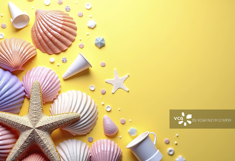 五彩缤纷的海贝、海星和其他海滩物品在明亮的黄色背景上图片素材