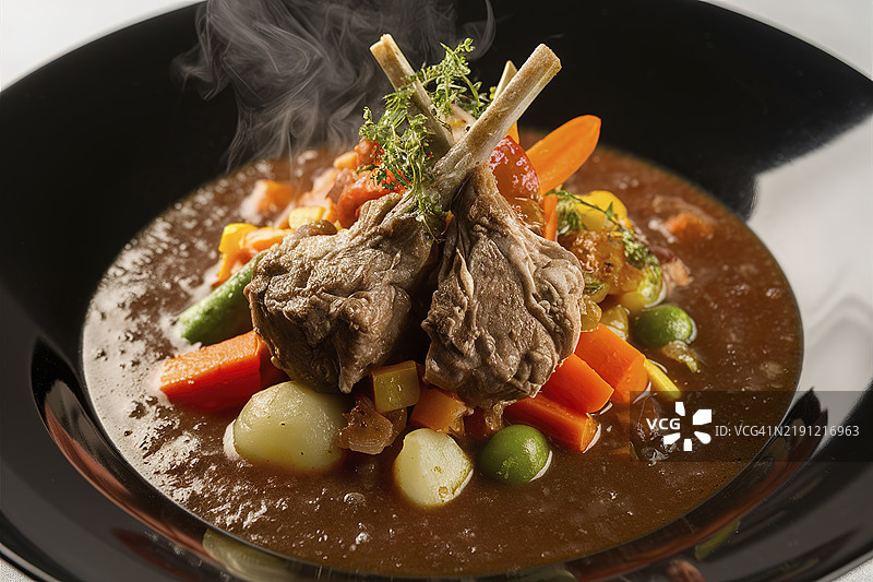 黑盘上的时令蔬菜羊肉炖菜图片素材