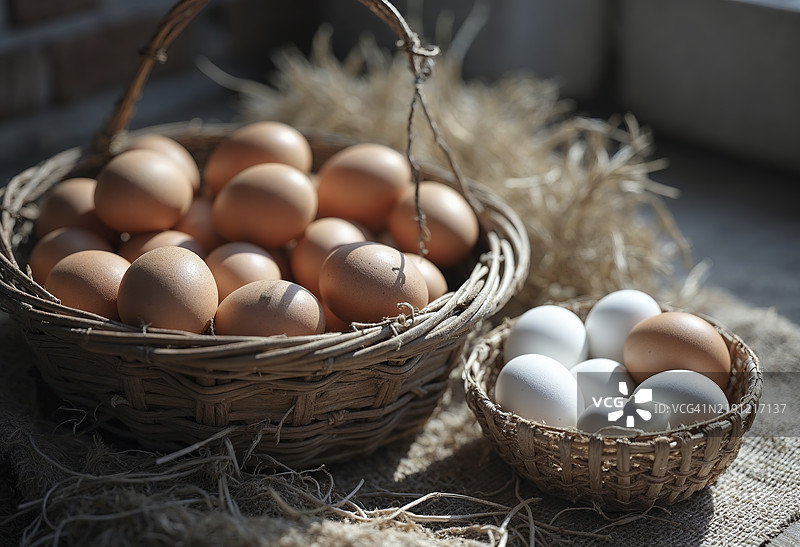 一个装满棕色鸡蛋的柳条篮子和一个装满白色鸡蛋的篮子，全部放在带有干草或稻草的麻布表面上。图片素材