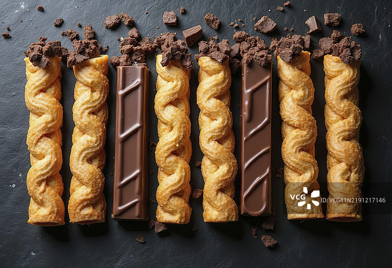 黑色表面上的威化卷和巧克力块图片素材