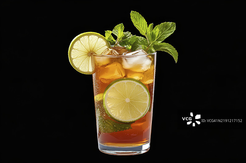 黑色背景下的装满冰茶的玻璃杯图片素材