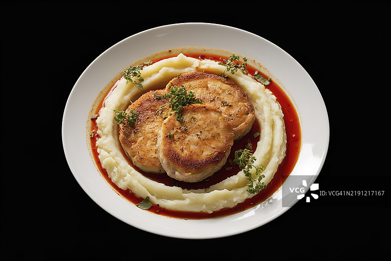 一盘带有土豆泥和酱汁的炸肉饼图片素材