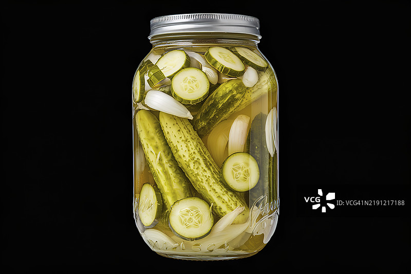 一张装满腌制青黄瓜的玻璃罐的照片图片素材