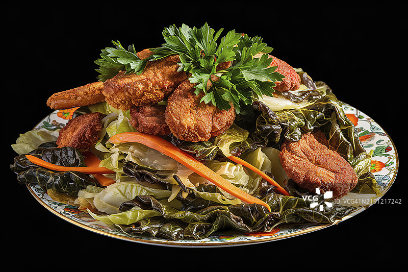 盘子里的炒熟卷心菜、蔬菜和炸肉图片素材