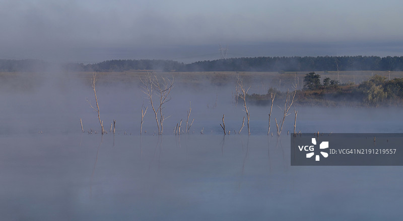 美国爱荷华州湖边的朦胧雾霭早晨图片素材