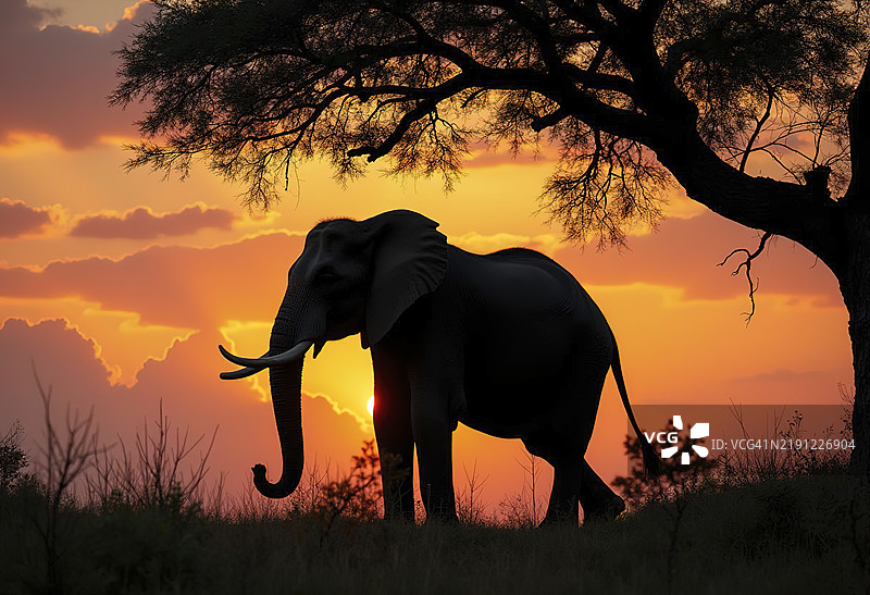 一只大象的剪影站在树下，背景是生动的橙色和粉色日落天空。图片素材