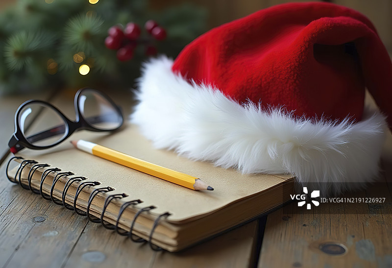 一顶红色圣诞老人帽、一只笔记本、一支铅笔和一副眼镜放在木桌上图片素材