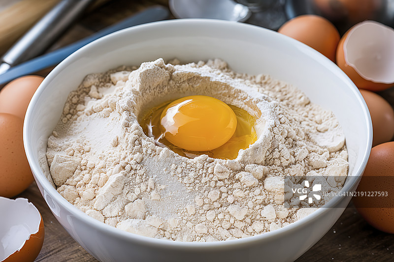 一碗面粉，上面放着一个破裂的蛋黄图片素材