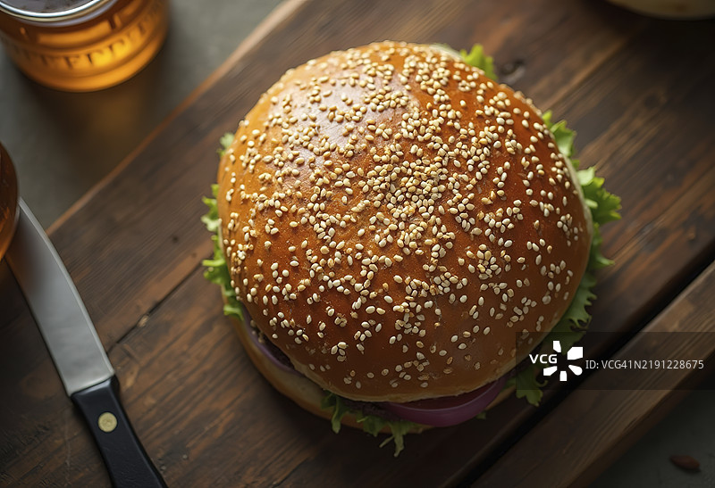 一个覆盖着芝麻的大汉堡包子图片素材
