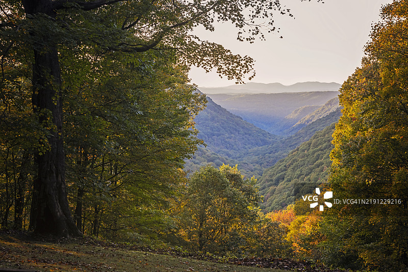 秋季时分，西弗吉尼亚州费耶特维尔的森林与天空的美丽景色图片素材