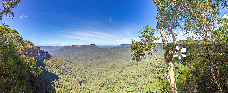蓝山广阔的山谷景观，密集的森林，戏剧性的悬崖和动态的云彩图片素材