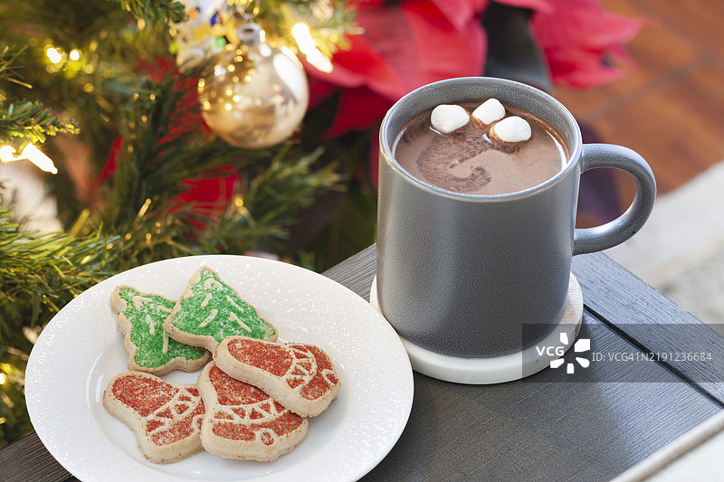 热可可特写，配有圣诞饼干和圣诞树，位于加利福尼亚州圣地亚哥，美国图片素材