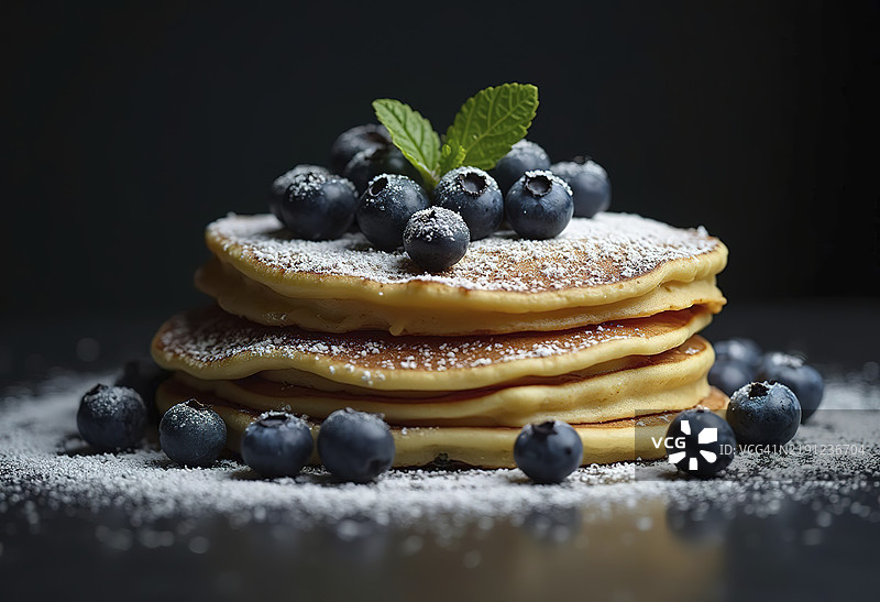 一堆松饼，上面放着新鲜蓝莓、糖粉和一枝薄荷，背景为深色。图片素材