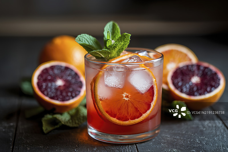 一杯血橙鸡尾酒，配有杜松子酒和冰块的电影镜头图片素材