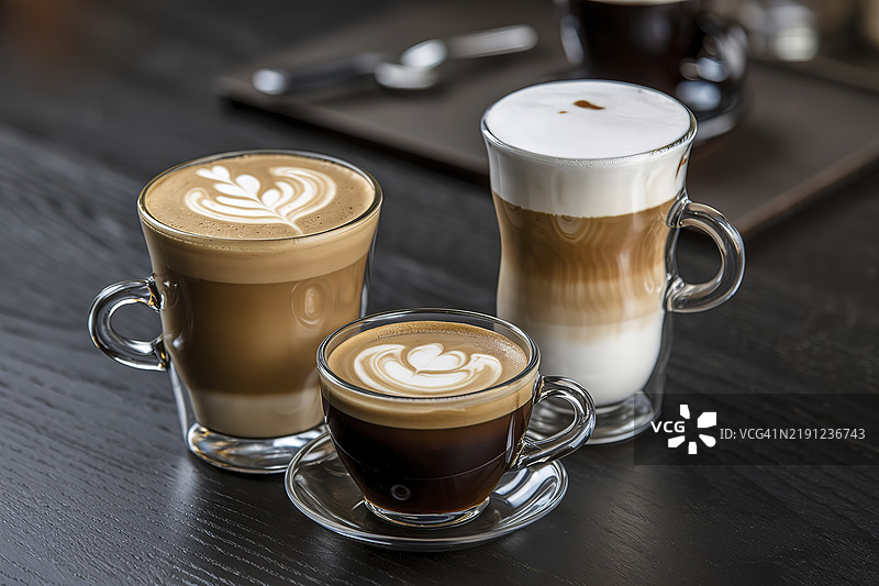 三杯咖啡饮品摆放在深色木质背景上图片素材