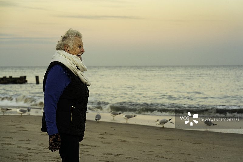 女人在笑海鸥的 antics图片素材