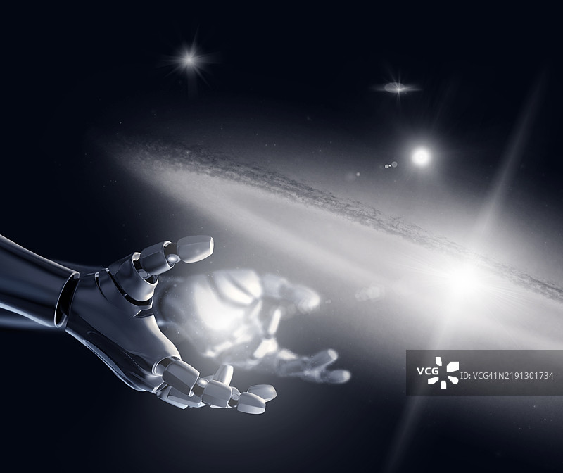 科幻幻想中的人工智能机器人手与宇宙星际图片素材