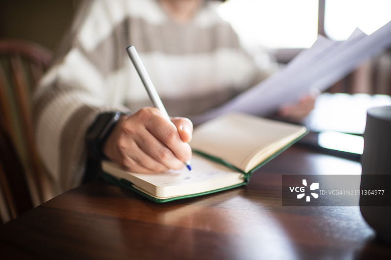 年轻女性在家中使用笔记本电脑审阅银行或财务文件/报表图片素材