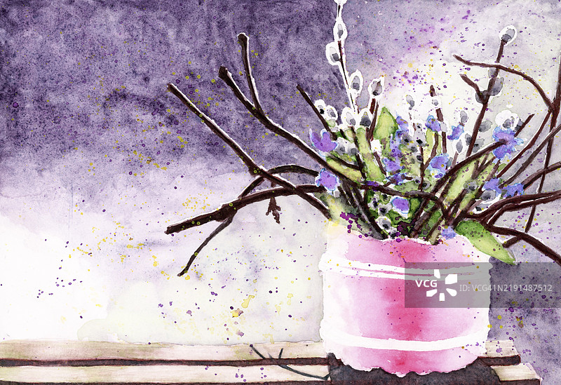 粉紫色的水彩静物画，描绘了放在长椅上的柳絮枝条。图片素材