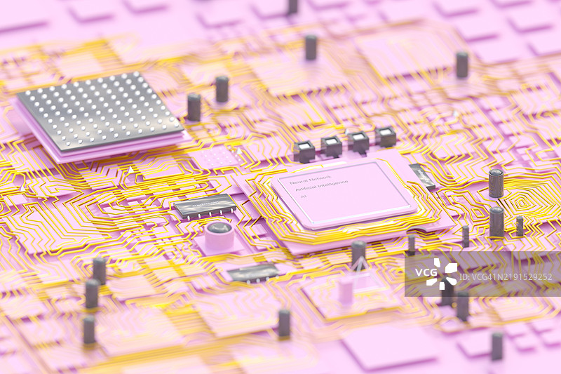粉色和金色电路板的特写，重点关注神经网络和人工智能图片素材
