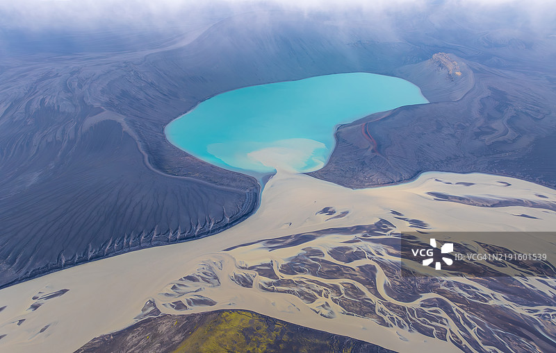冰岛高地的火山湖鸟瞰图图片素材