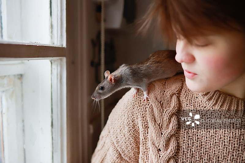青少年与她的宠物老鼠的特写肖像，展现温暖和陪伴的瞬间。图片素材