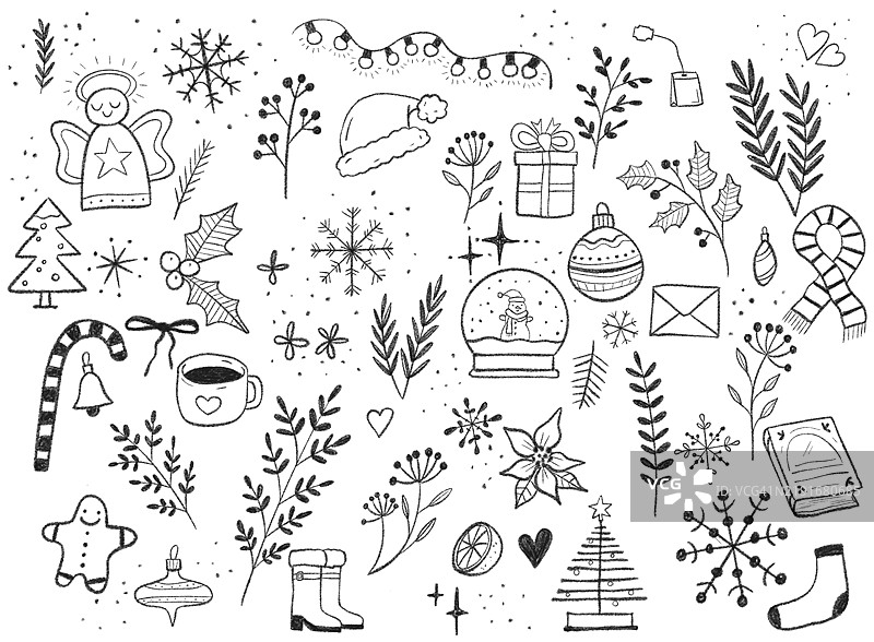 圣诞涂鸦，黑白冬季假日手绘铅笔插图图片素材