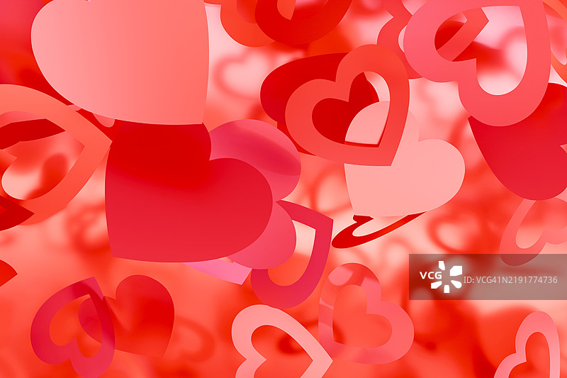 节日横幅，贺卡。红色和粉色的心形彩纸屑飘落。情人节背景。3D图案，模板，设计元素，留白处可放置文字。周年纪念概念。图片素材