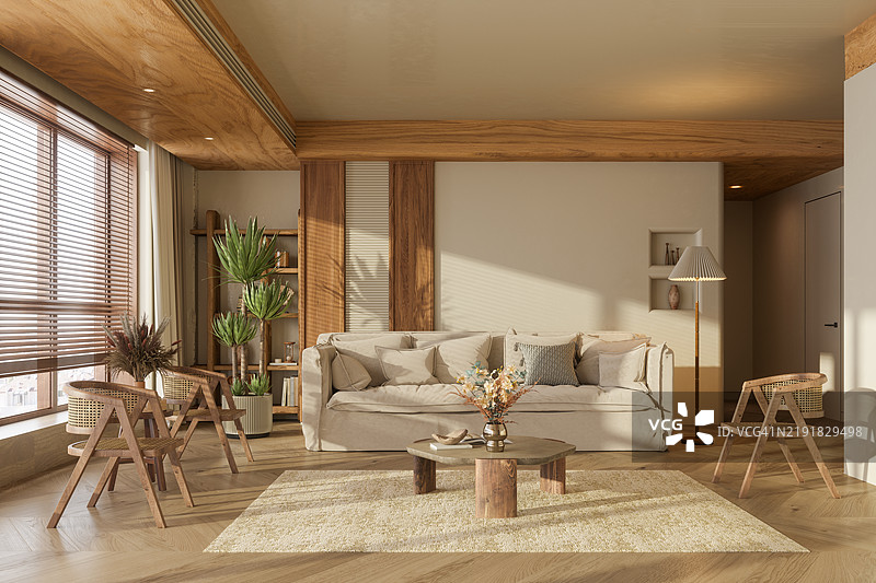 和风侘寂风格的客厅，配有沙发、藤椅、咖啡桌、盆栽植物和镶木地板图片素材