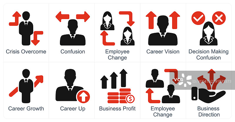 一组10个商业图标，代表危机克服、困惑和员工变动图片素材