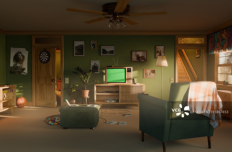 舒适的复古客厅，绿色墙壁和复古家具图片素材