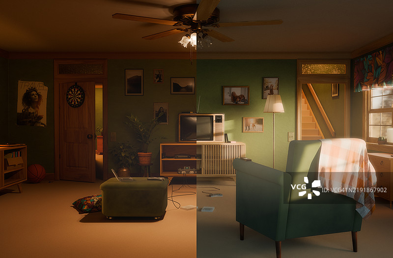 舒适的复古客厅室内，绿色墙壁和复古家具，白天与夜晚的分屏展示图片素材