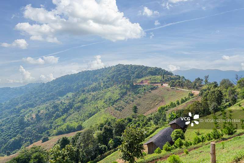 泰国北部山区当地部落村庄的俯视图。图片素材