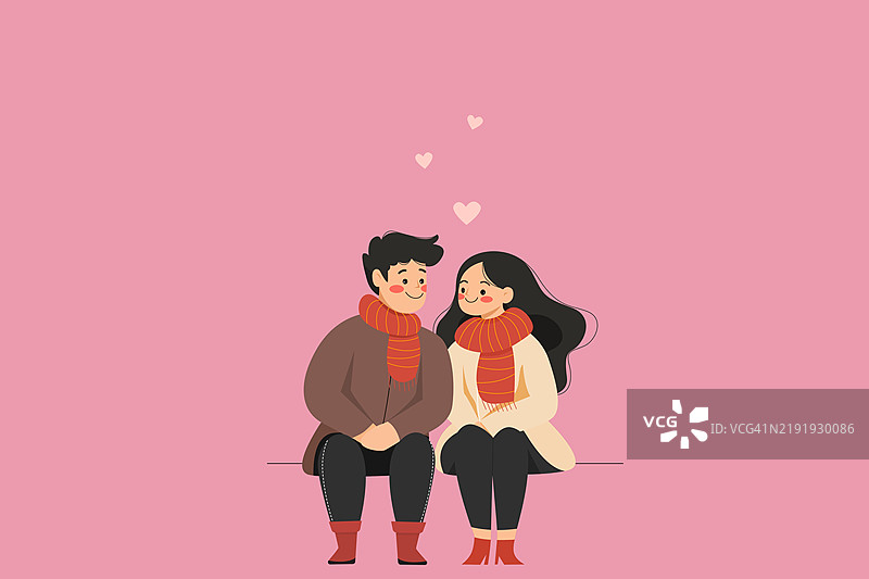 情人节插图概念展示了一对年轻情侣在心形粉色背景下共度时光。图片素材
