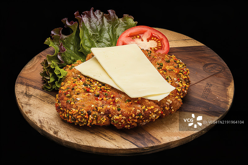 黑色背景下的炸肉排放在木板上图片素材