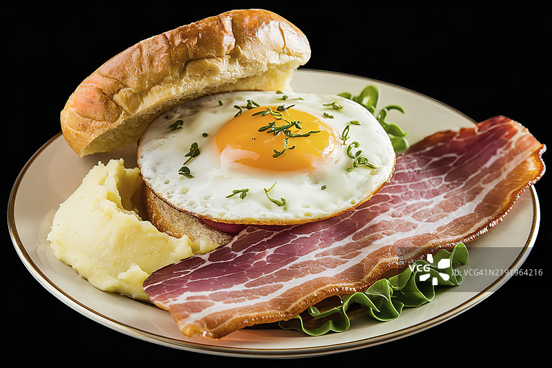 一个顶部放有煎蛋的包子，配以绿色香草和切片培根火腿。图片素材