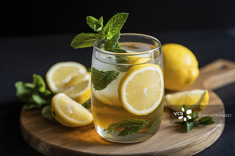 一杯自制的冰茶，配有柠檬片和新鲜薄荷图片素材