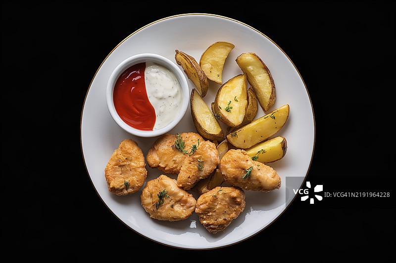 一盘煮熟的鸡块和烤土豆角图片素材