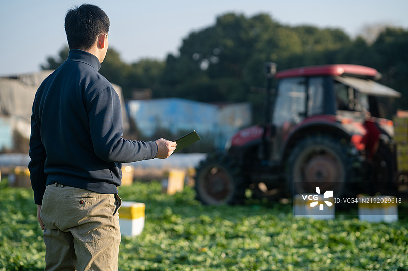 亚洲男子在农场使用数字平板电脑图片素材