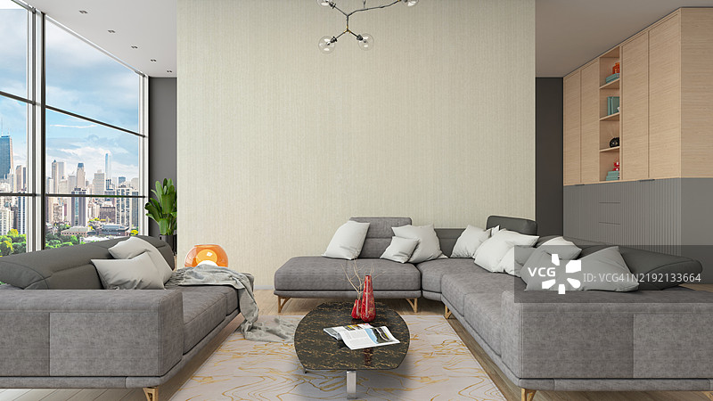 现代客厅，空白墙壁和灰色家具图片素材