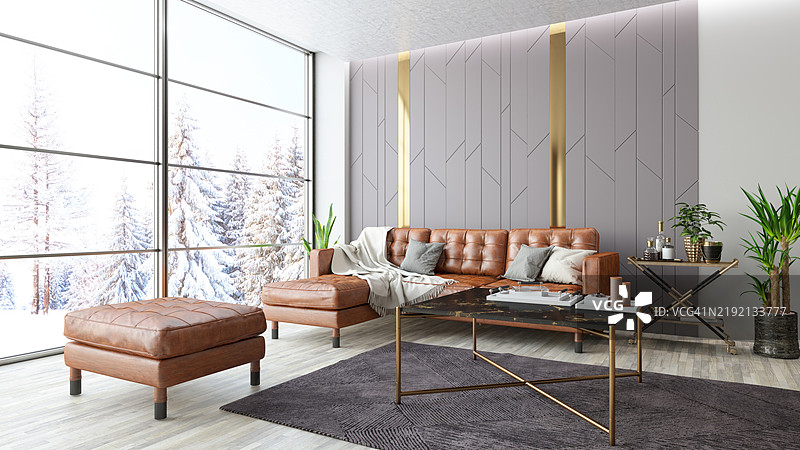 现代客厅，配有皮革家具和冬季景观图片素材