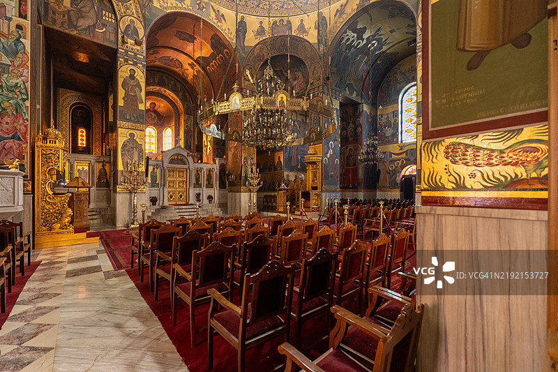 希腊塞萨洛尼基圣格雷戈里·帕拉马斯教堂的内部。图片素材
