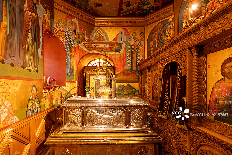 希腊塞萨洛尼基圣格雷戈里·帕拉马斯教堂的内部。图片素材