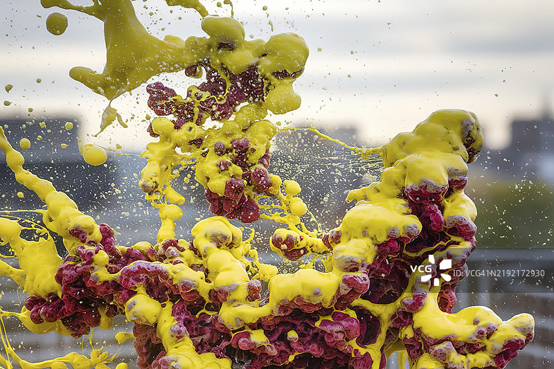 黄色和红色的泡沫或气泡正在释放或形成，向上升起并在空气中扩散。图片素材